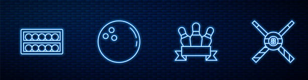 set line bowling pin, billardkugeln auf einem ständer und crossed billard queues. leuchtendes neon-symbol an der ziegelwand. vektor - sport pool game snooker sphere stock-grafiken, -clipart, -cartoons und -symbole