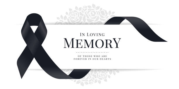 bildbanksillustrationer, clip art samt tecknat material och ikoner med in loving memory of those who are forever in our hearts text and black ribbon sign are roll waving around white banner on rose texture background vector design - love