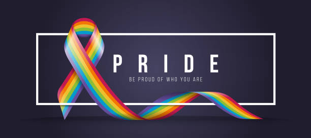 гордость гордиться тем, кто вы текст в белой рамке баннер с радужной лентой гордости, развевающийся на темном фоне векторный дизайн - pride month stock illustrations