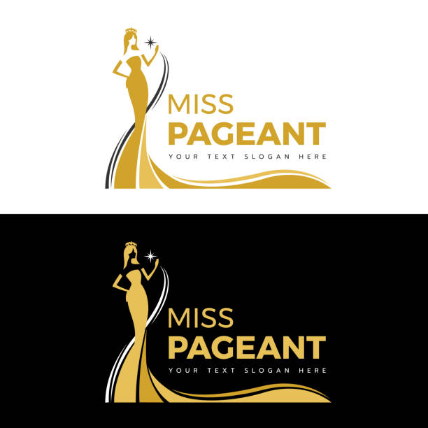 ilustrações de stock, clip art, desenhos animados e ícones de miss pageant logo - yellow gold and black the beauty queen pageant in long evening gown wearing a crown and hand hold star vector design - beauty queen