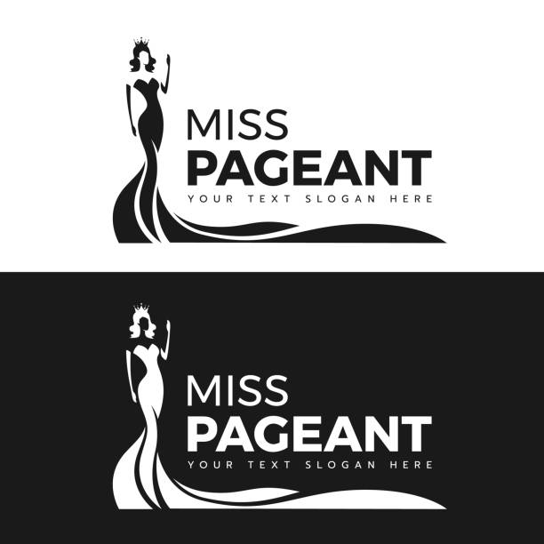 miss pageant logo - black and white The beauty queen pageant in long evening gown wearing a crown and motion hand vector design miss pageant logo - black and white The beauty queen pageant in long evening gown wearing a crown and motion hand vector design beauty queen stock illustrations