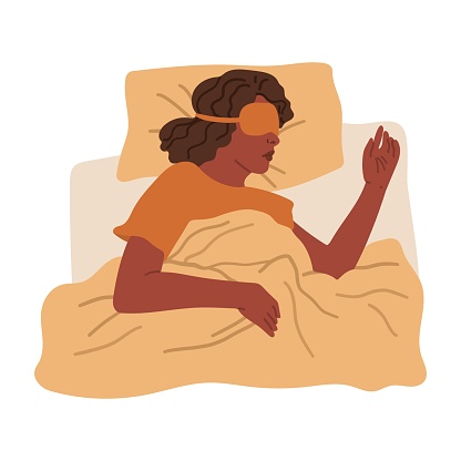 Woman sleeping in night mask lying on bed. Vector hand drawn illustration in flat cartoon style. Isolated on white background.