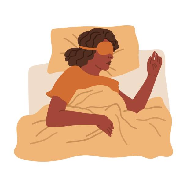 Woman sleeping in night mask lying on bed. Vector hand drawn illustration in flat cartoon style. Isolated on white background. Woman sleeping in night mask lying on bed. Vector hand drawn illustration in flat cartoon style. Isolated on white background. sleep eye mask stock illustrations