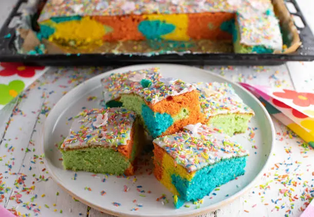 Homemade colorful birthday cake for children. Fresh baked parrot cake or parrot pie with icing and sugar sprinkles. Served on a plate with whole cake in the background