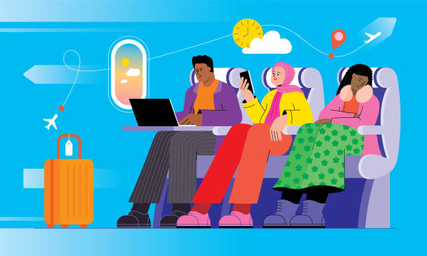 ilustraciones, imágenes clip art, dibujos animados e iconos de stock de personas diversas que viajan en avión - airplane air vehicle business travel passenger