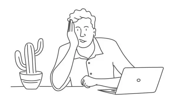 Vector illustration of Tired and bored man is working with computer.