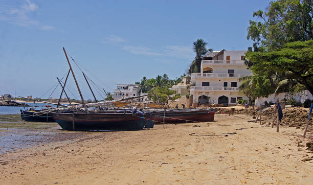 Traditional fishing boats on Shela Island, Lamu, Kenya stock photo