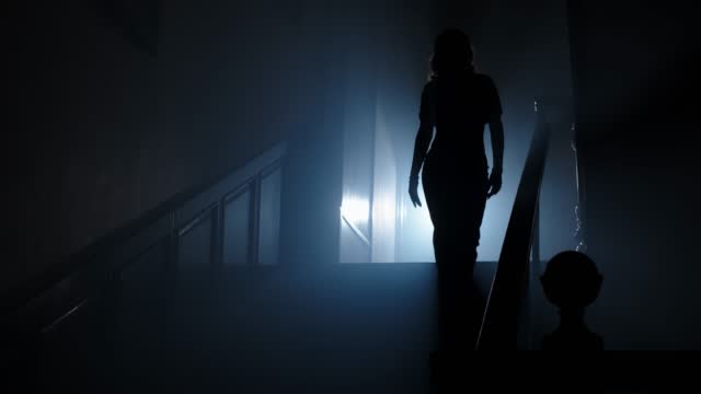 a mysterious and beautiful woman in an evening dress and high heels climbs the stairs into the smoky room