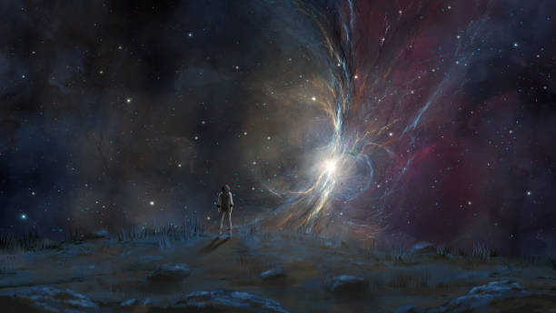 istock Space background. Astronaut standing on sci-fi land with colorful fractal nebula. Elements furnished by NASA. 3D rendering 1369912627