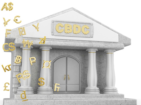 3d render. Bank with the inscription CBDC isolated on white background. Falling golden world currency symbols.