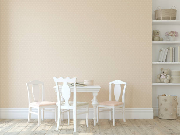 Playroom with kid's table and chairs. Interior mockup. 3d render.