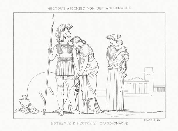 ilustrações de stock, clip art, desenhos animados e ícones de the meeting of hector and andromache (iliad), steel engraving, 1833 - roman mythology warrior hector