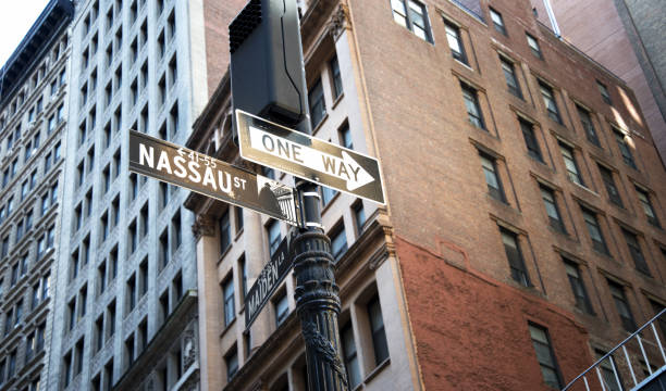 Road Sign, Lower Manhattan, NYC. Nassau and one way direction signs, Lower Manhattan, NYC. nassau street stock pictures, royalty-free photos & images