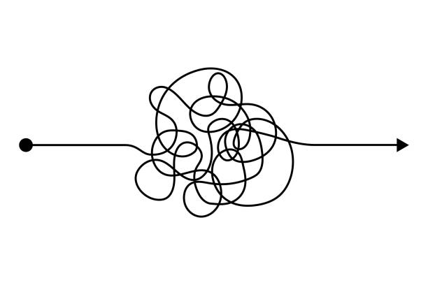 Arrow chaos mindset mess. Doodle knot line concept with freehand scrawl sketch. Vector hand drawn difficult thought process. Tangle path Arrow chaos mindset mess. Doodle knot line concept with freehand scrawl sketch. Vector hand drawn difficult thought process. Tangle path. scribbly gum stock illustrations