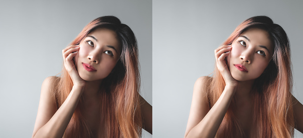 Two portrait comparing pretty Asian woman different Emotion happy and upset side by side.