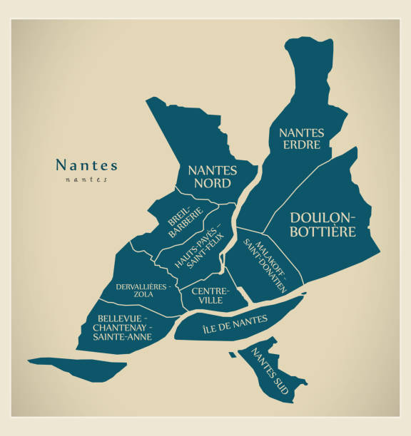 modern city map - nantes city of france with labelled boroughs - nantes 幅插畫檔、美工圖案、卡通及圖標