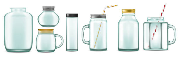 ilustrações de stock, clip art, desenhos animados e ícones de glass cup with straw. realistic transparent glass jar with metal caps and straws for detox drinks. vector set - drinking straw plastic design in a row