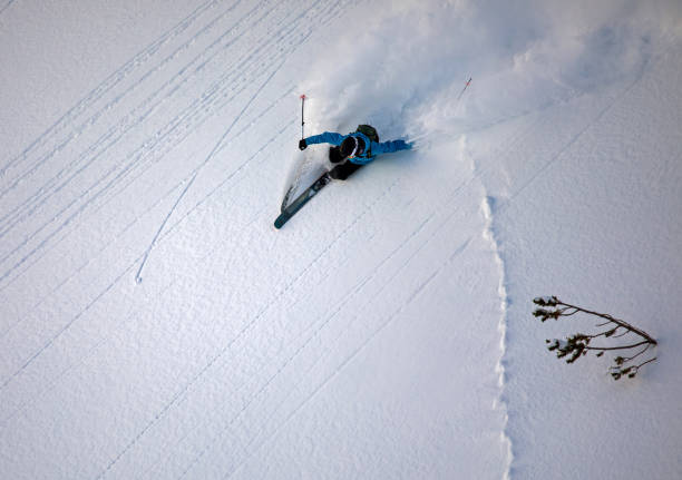 jazda na nartach free-skier w nietkniętym puchowym terenie - freeride zdjęcia i obrazy z banku zdjęć