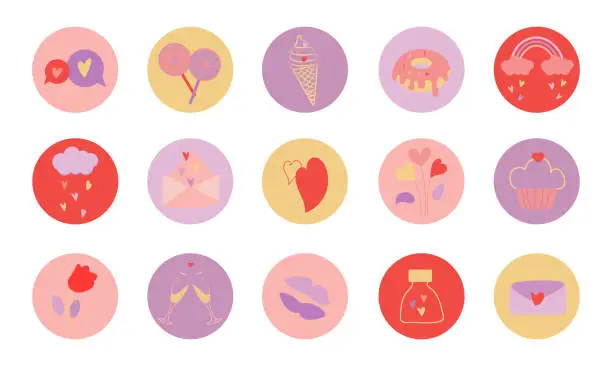 Vector illustration of Round stickers for valentine's day. Cute circle badges with a festive theme, love.