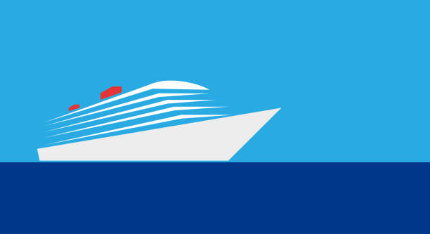 잔잔한 바다에 흰색 크루즈 선박. 벡터 그림입니다. 복사 공간이 있는 간단한 배경입니다. - 크루즈 여객선 stock illustrations