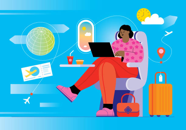 Woman working on airplane Woman using laptop during flight. Editable vectors on layers. progress window stock illustrations