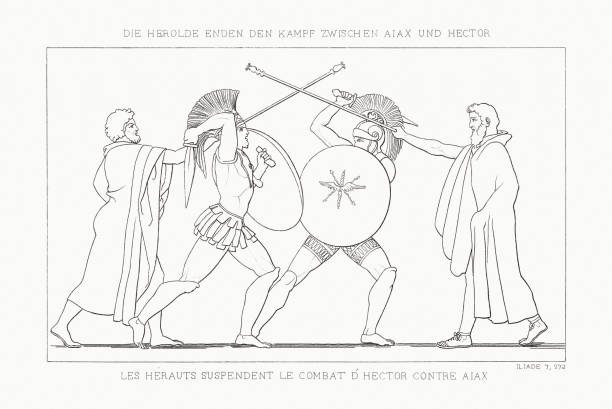 ilustrações de stock, clip art, desenhos animados e ícones de hector and ajax separated by the heralds (iliad), published 1833 - roman mythology warrior hector
