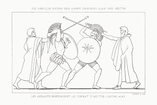 Hector and Ajax separated by the Heralds. Scene from the Iliad by Homer. Steel engraving after a drawing (1793) by John Flaxman (British sculptor and draughtsman, 1755 - 1826), engraved by Edouard Schuler (German engraver, 1806 - 1882), published in 1833.