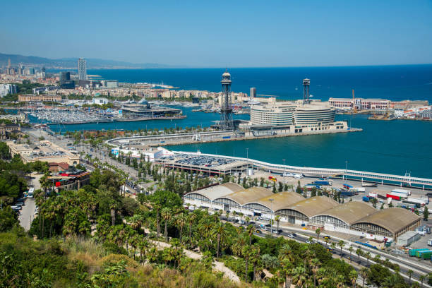 istock Panoramic view over Passeig de Colom, La Barceloneta, Port Vell marina, Christopher Columbus monument in Barcelona city, Catalonia, Spain 1369921996