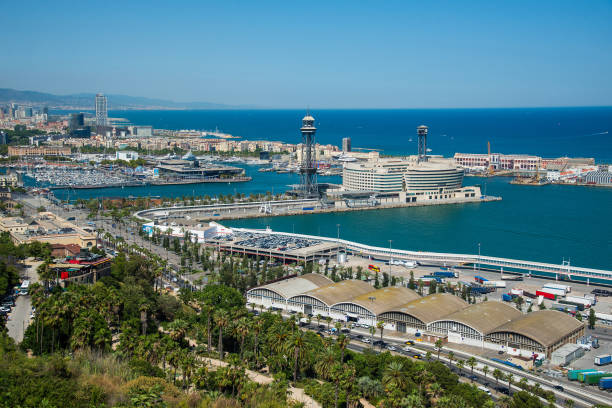 Panoramic view on the port of Barcelona city Panoramic view on the port of Barcelona city, Catalonia, Spain columbus avenue stock pictures, royalty-free photos & images