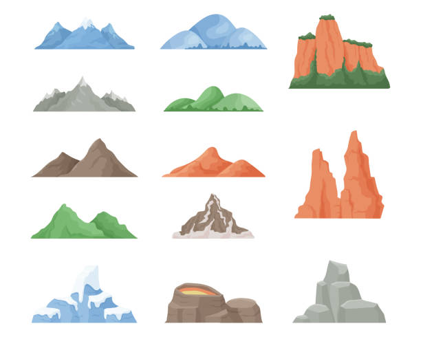 ilustrações de stock, clip art, desenhos animados e ícones de cartoon mountain. green hills, dessert rocks and snowy mountains, outdoor landscape elements. vector isolated set - high desert