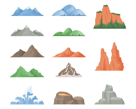 Cartoon mountain. Green hills, dessert rocks and snowy mountains, outdoor landscape elements. Vector illustration isolated set object mountains outdoors
