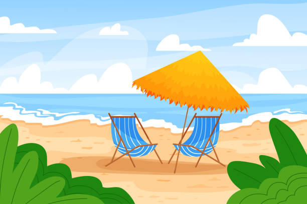 ilustrações, clipart, desenhos animados e ícones de paisagem de praia de desenhos animados. fundo de verão com costa oceânica, guarda-chuva de praia e cadeiras de convés. ilustração vetorial - beach palm tree island deck chair