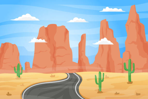 ilustrações, clipart, desenhos animados e ícones de paisagem do deserto de desenhos animados. fundo natural com deserto de areia seca, cactos e montanhas. viagem vetorial e ilustração de aventura - stone asphalt road dirty