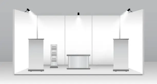 Vector illustration of set of realistic trade exhibition stand or white blank exhibition kiosk or stand booth corporate commercial. eps vector