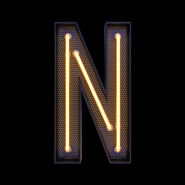 Neon retro Light Alphabet letter N isolated on a black background with Clipping Path. 3d illustration.