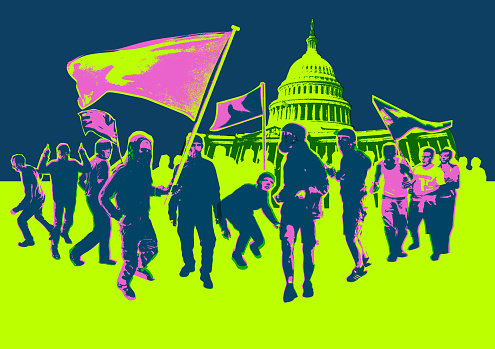 Posterised or Pop Art styled Protesters or Rioters on Capitol Hill, Washington, riot, protest, Antivax, Conspiracy Theory,