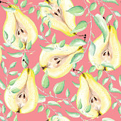 istock Seamless pink pears pattern with leaves. Cut yellow pears, halves on a pink background. 1369925289