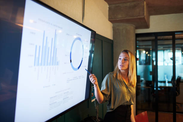 A woman is presenting a new project in a business meeting. Business office in Buenos Aires. general view stock pictures, royalty-free photos & images