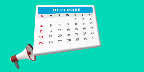 Megaphone announcing monthly 2022 calendar concept: 3D rendered image with clipping path. Change background or use it transparent. Attention call for special events. Template with copy space. Week starts on red Sunday. Set of 12 Months.