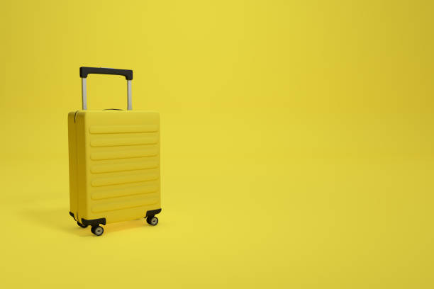 istock Yellow travel suitcase on a yellow background. 3D rendering illustration 1369930724