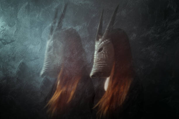 Redhead woman wearing mask, long exposure