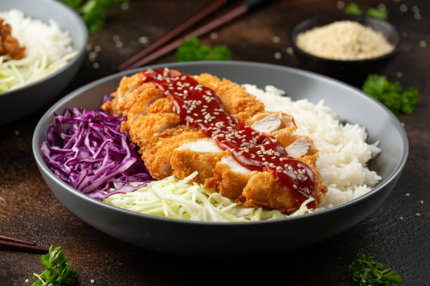 pollo katsu croccante con salsa, riso e cavolo. - tonkatsu foto e immagini stock