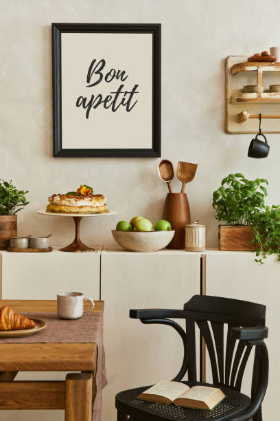 istock Creative and modern dining room interior design with mock up poster frame, family dining table and chair and retro inspired personal accessories and decorations. Template. 