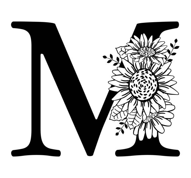 ilustraciones, imágenes clip art, dibujos animados e iconos de stock de letra mayúscula m con flores. monograma, estampado, símbolo madre. dibujo de contorno negro. ilustración vectorial aislada sobre fondo blanco. logotipo de la familia, signo. diseño floral, iniciales del nombre. - m chamomilla