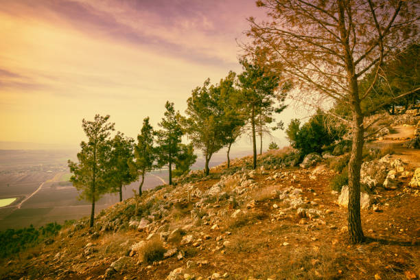 berglandschaft bei sonnenuntergang. hang des abgrunds im herbst, untergaliläa, israel - nazareth israel stock-fotos und bilder