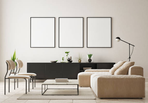 mock up poster frame in modern interior background, living room, Scandinavian style, 3D render, 3D illustration
