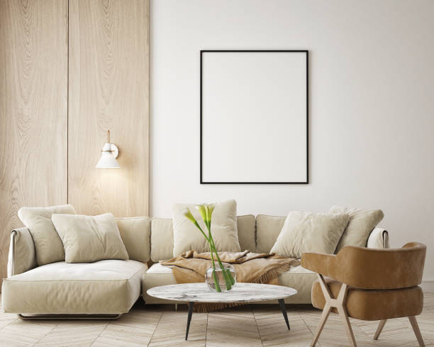istock mock up poster frame in modern interior background, living room, Scandinavian style, 3D render, 3D illustration 1369935045