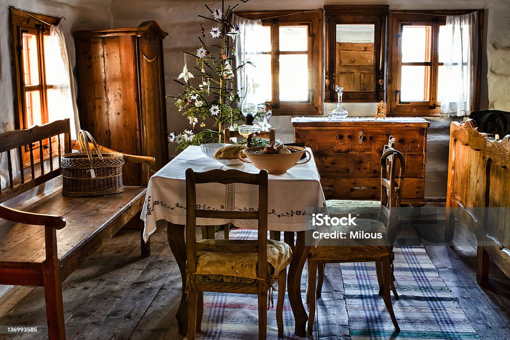 old interier Old room in  farmer's house Christmas Stock Photo