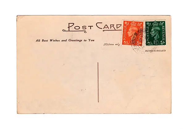 An old British postcard, postmarked July 1952, from the reign of Queen Elizabeth II but bearing stamps from her father's reign. King George VI died on 6th February of that year.