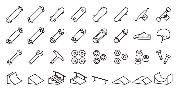 Skateboarding icon set (Thin line version) This is a set of skateboarding icons. This is a set of simple icons that can be used for website decoration, user interface, advertising works, and other digital illustrations. skateboard stock illustrations